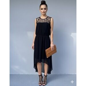 Thalia Sodi Black High Low Dress L Cage Neck Sleeveless Chiffon Overlay Party